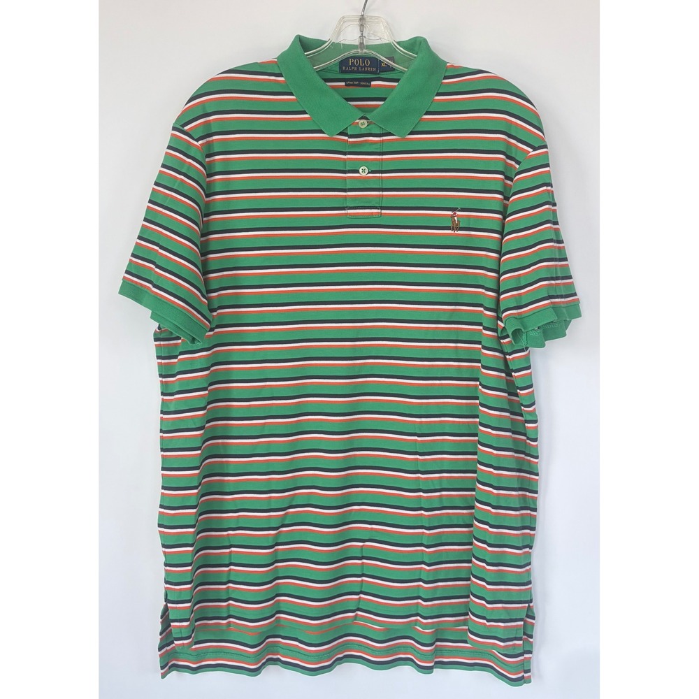 Polo Ralph Lauren Mens XL Pima Soft Touch Striped Polo Shirt Green Orange Navy